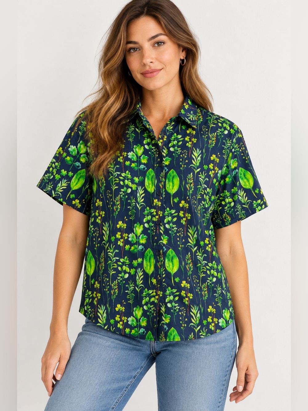 Wildfang The Essential Button Up Medium Navy Green Botanical Floral Cotton Shirt